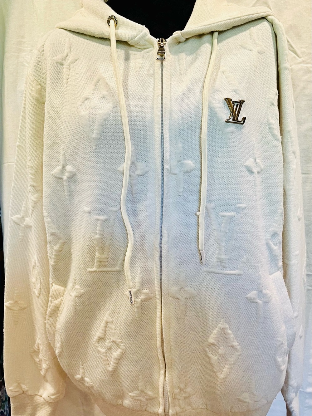 Ready To Wear Cream Embossed Monogram Zip Hoodie Jacket